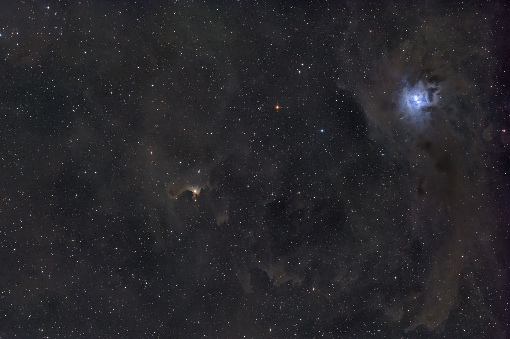 Der Geisternebel in der Bildmitte wurde von Sidney van den Bergh im Jahr 1966 als vdB 141 katalogisiert. Die eingebetteten Sterne erhellen den Nebel in einem bräunlichen Licht.  Der helle Irisnebel oben rechts wird von dem heißen Stern HD200775 zum Leuchten angeregt. Beide Reflexionsnebel befinden sich im Sternbild Kepheus.